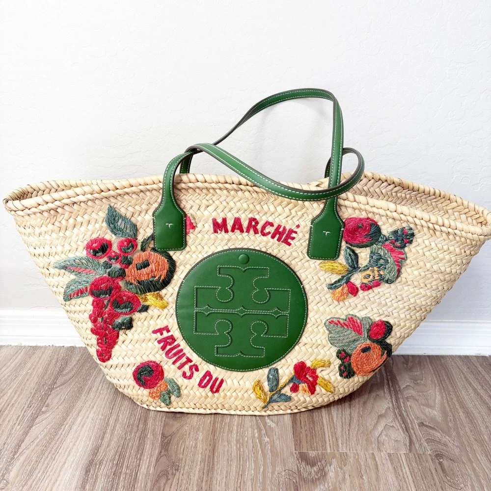 Tory Burch x Doum Womens Hand Woven Embroidered Fruit Ella Basket Tote Bag Large
